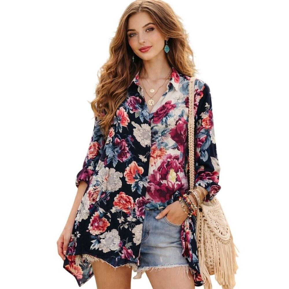 Chicos Patchwork Floral Tunic Blouse Button Up‎ Cottagecore Boho Womens 4/6